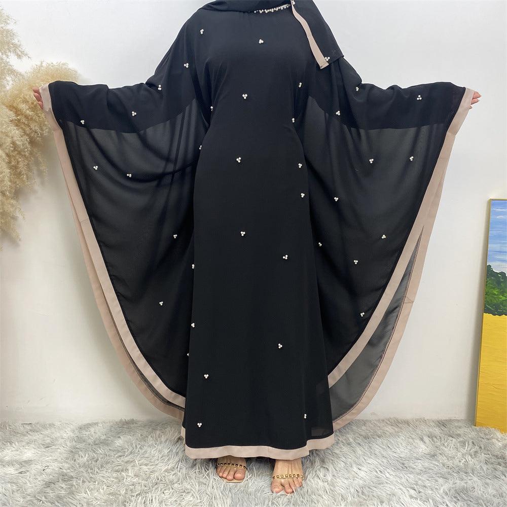 Chic Batwing Sleeve Chiffon Muslim Robe with Elegant Patchwork for Middle Eastern Fashion - Trendy Mix