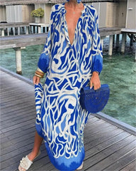 Printed Pullover Long Sleeve V-Neck Swing Loose Long Dress - Trendy Mix