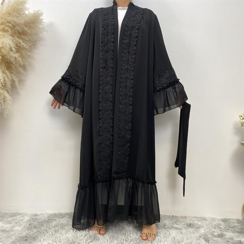 Elegant Black Floral Embroidered Lace-Up Muslim Cardigan Robe - Trendy Mix