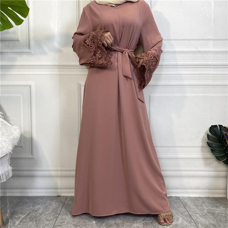 Floral Lace Elegance: Solid Color Hijab Dress - Trendy Mix