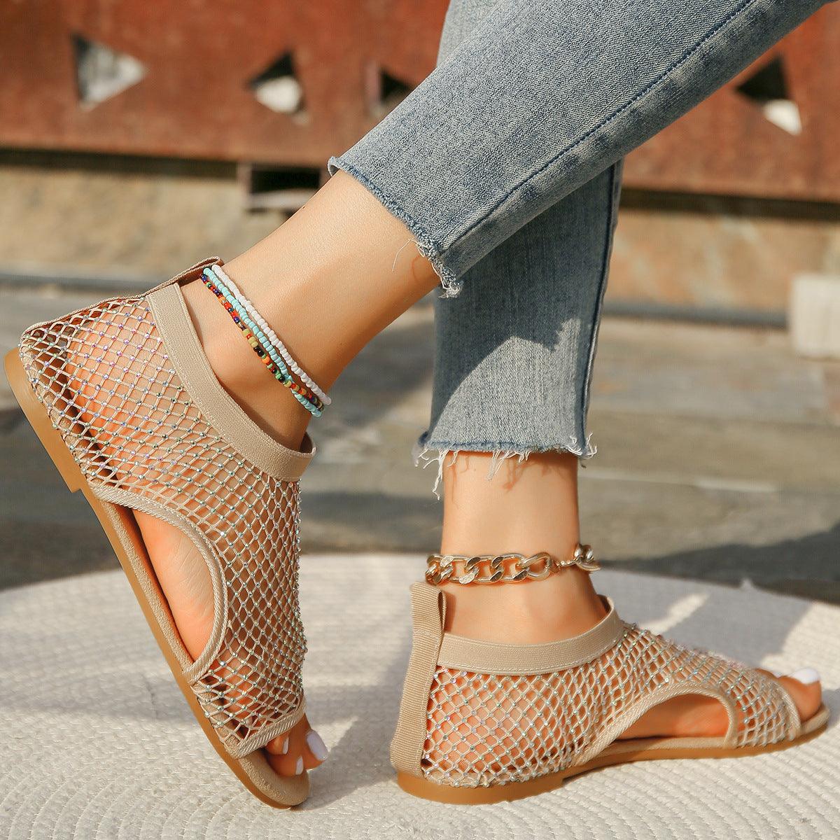 Chic Rhinestone-Embellished Open Toe Sandals with Hollow Design - Trendy Mix