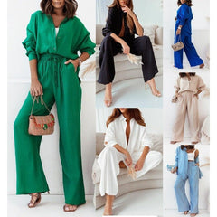 New Loose Long-sleeved Shirt Wide-leg Pants Casual Suit - Trendy Mix