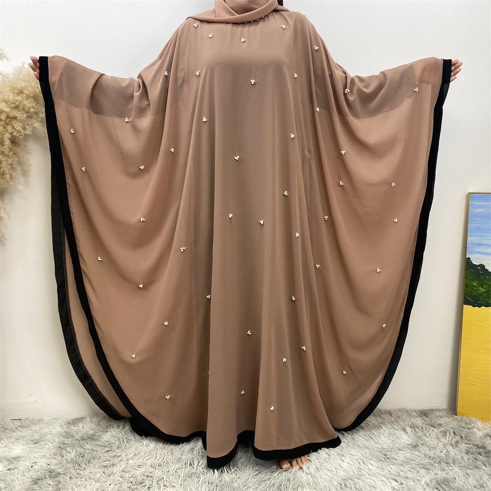 Chic Batwing Sleeve Chiffon Muslim Robe with Elegant Patchwork for Middle Eastern Fashion - Trendy Mix