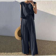 Cotton And Linen Casual Sleeveless Top Wide Leg Pants Two-piece Set - Trendy Mix