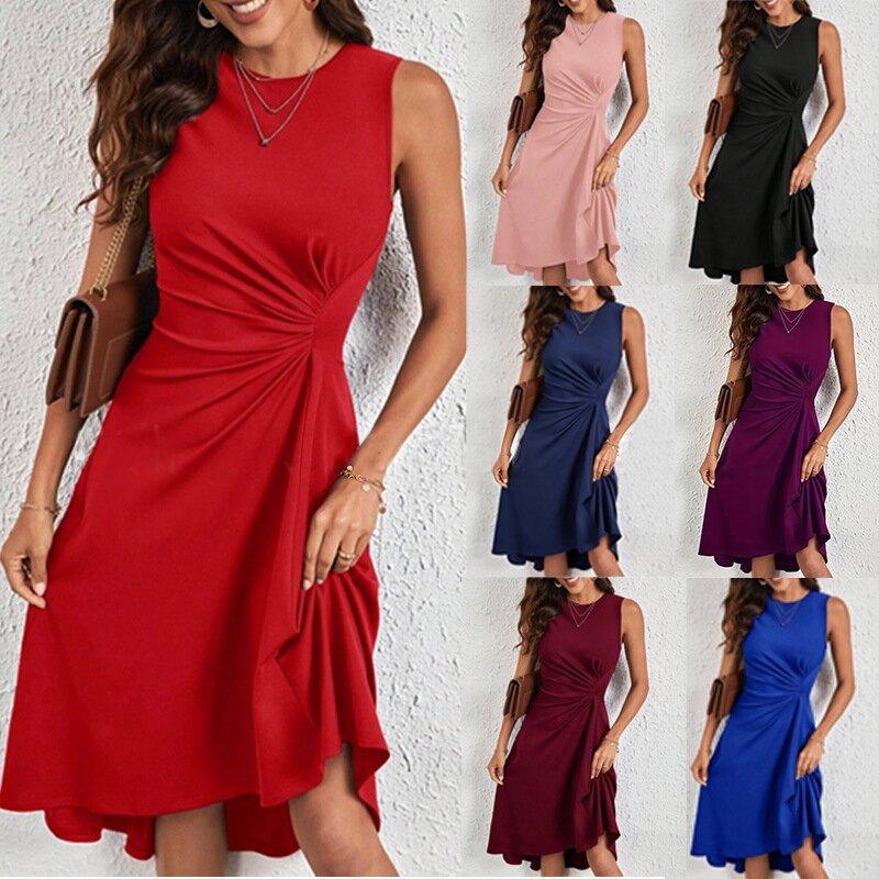 Women's Summer New Fashion Sleeveless Solid Color A- Line Crumpled Middle Dress - Trendy Mix