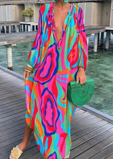 Printed Pullover Long Sleeve V-Neck Swing Loose Long Dress - Trendy Mix