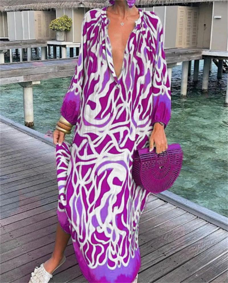 Printed Pullover Long Sleeve V-Neck Swing Loose Long Dress - Trendy Mix