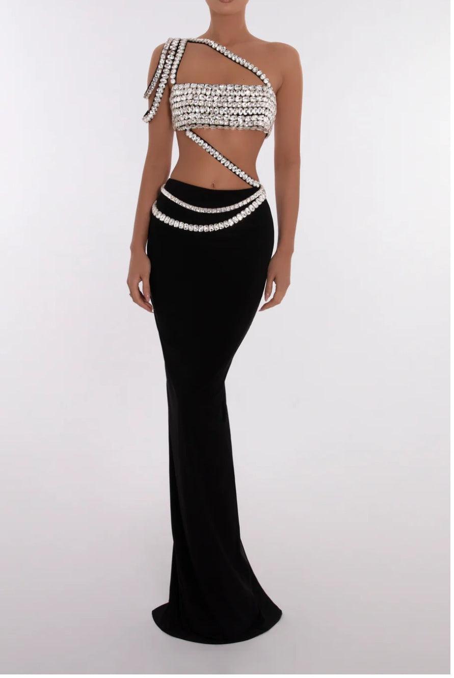 Summer Rhinestone Draping Shoulder Single Shoulder Shape Midriff Outfit Two-piece Dress - Trendy Mix