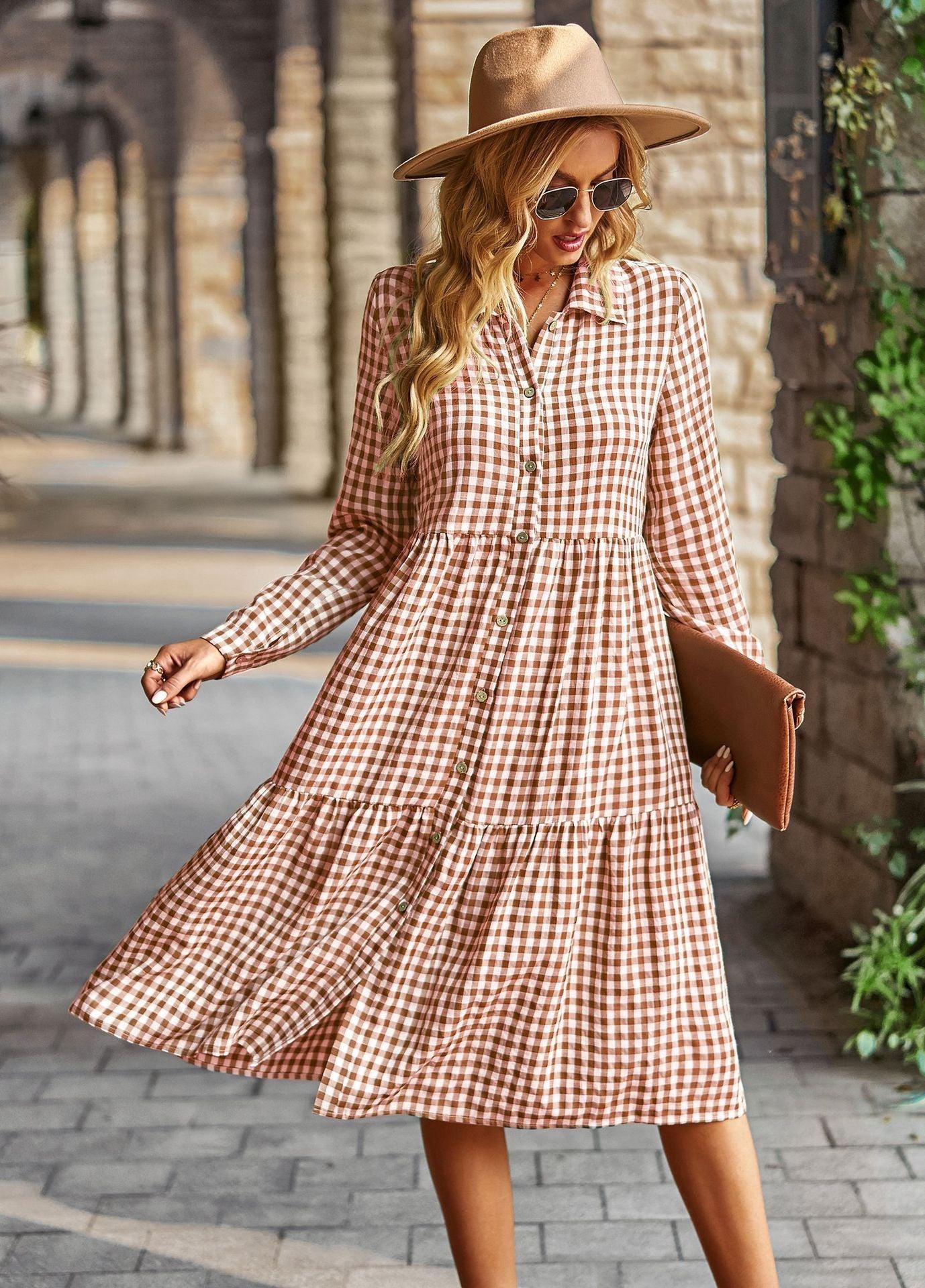 Wide Hem Long Sleeve Dress Plaid Casual Dress - Trendy Mix