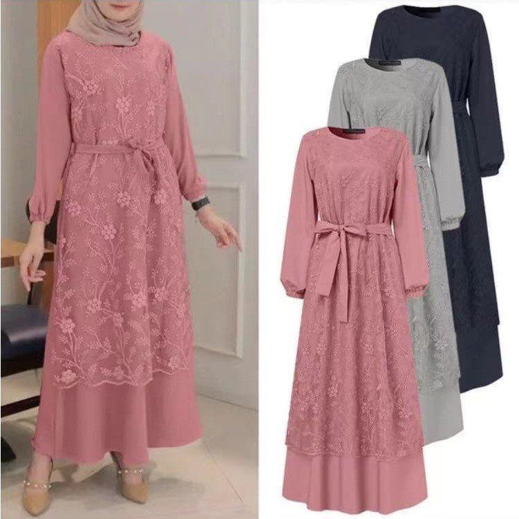 Lace Floral Retro Round Neck outfit for Muslim Women - Trendy Mix