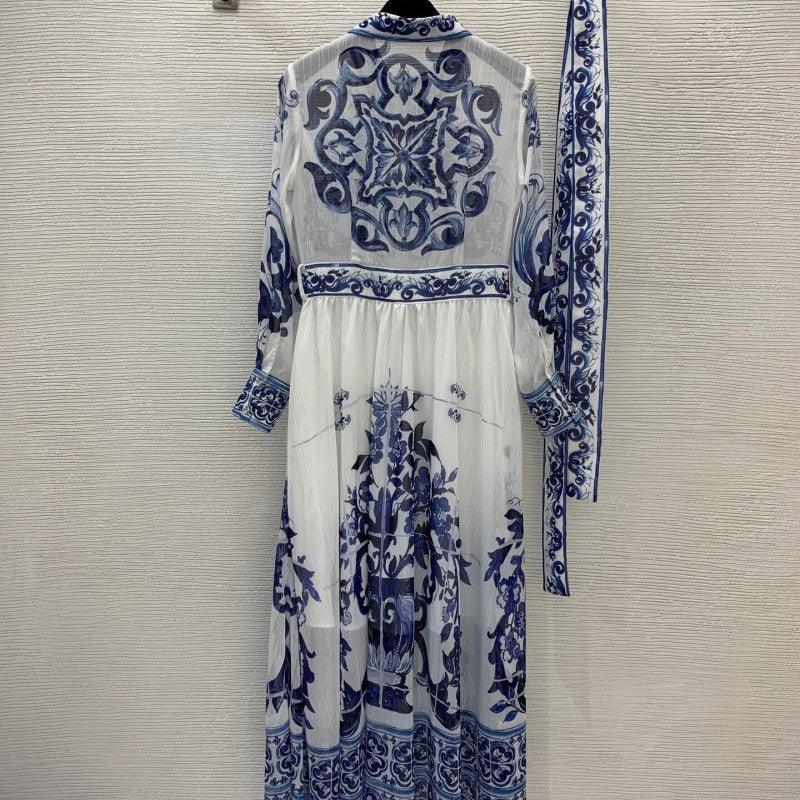 Blue And White Porcelain Printed Long Sleeve Big Hem Waist Slimming Dress - Trendy Mix