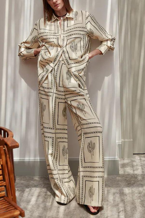 Printed Long-sleeved Shirt And Trousers Two-piece Suit Home Wear - Trendy Mix