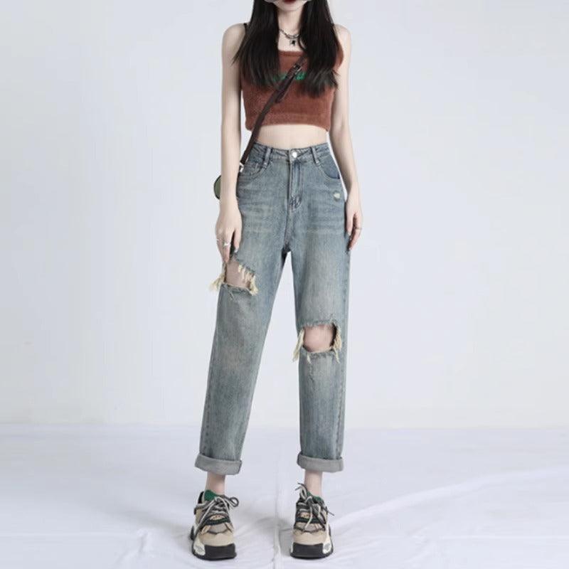 2024 Ripped Daddy Jeans for Women New High Waist Loose Small - Trendy Mix