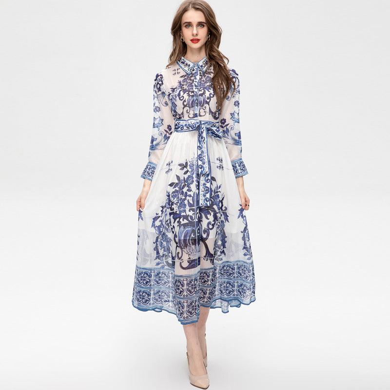 Blue And White Porcelain Printed Long Sleeve Big Hem Waist Slimming Dress - Trendy Mix