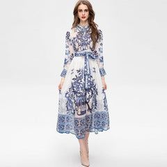 Blue And White Porcelain Printed Long Sleeve Big Hem Waist Slimming Dress - Trendy Mix