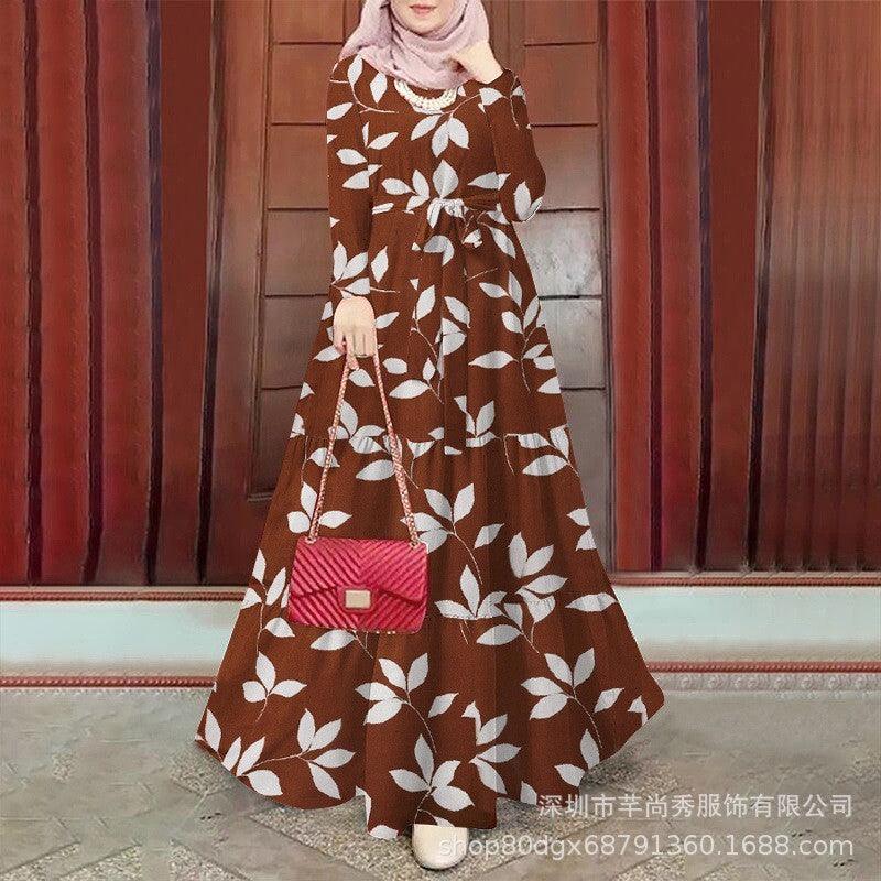 Muslim Floral Print Long Sleeve Swing outfit with Lace - Trendy Mix