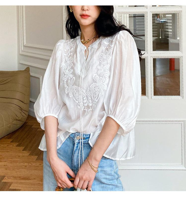 French Lace-Up Lantern Sleeve Top for Women - Trendy Mix