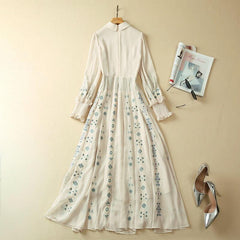 Heavy Industry Pleated Positioning Embroidery Lapel Long Sleeve Dress - Trendy Mix