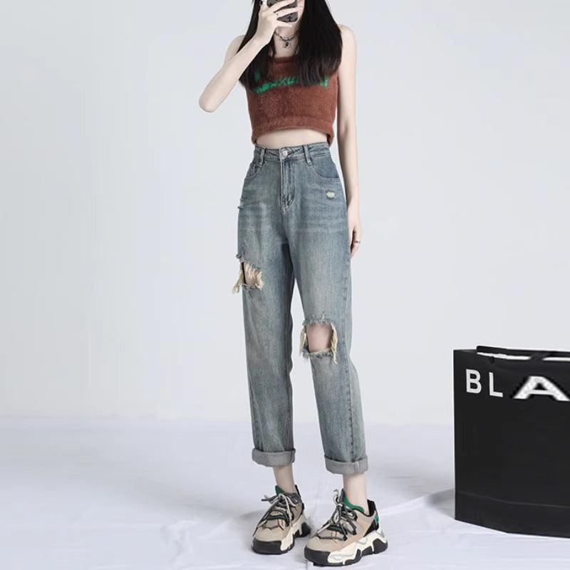 2024 Ripped Daddy Jeans for Women New High Waist Loose Small - Trendy Mix