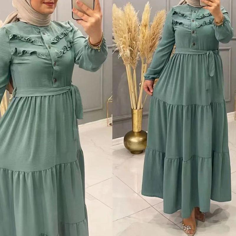 Chic Solid Colour Pleated outfit with Belt for muslim Women - Trendy Mix