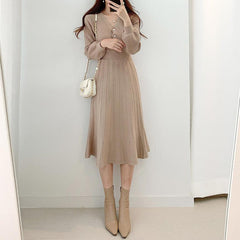 Waist-tight Slimming V-neckline Long Sleeve Mid-length Sweater Dress