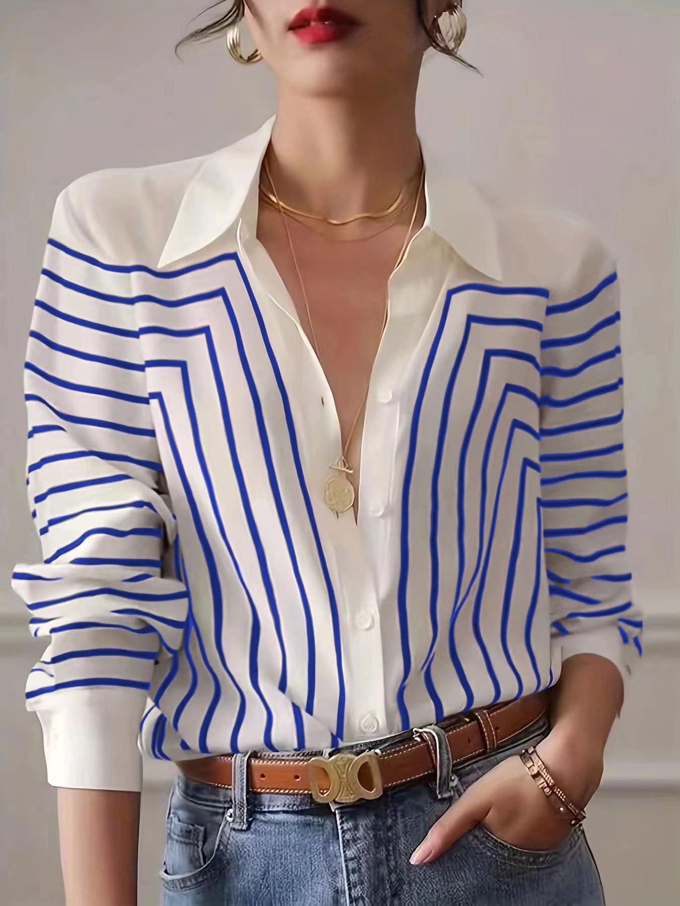 Autumn Striped Shirt Women's Long Sleeve Loose Silk Top - Trendy Mix