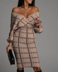 Plaid Batwing Sleeve Sexy Bodycon Dress - Trendy Mix