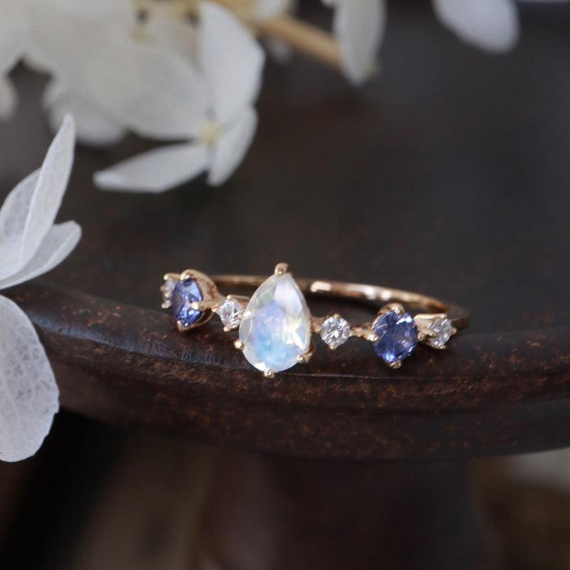 Moonstone Tanzanite Water Drop Ring Female Fashion - Trendy Mix