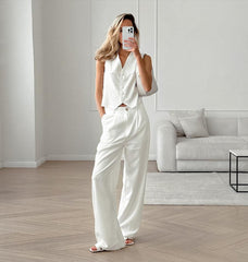 White Cotton Linen Sleeveless V-neck Vest Pants Suit - Trendy Mix