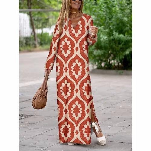 Summer Geometric V-Neck Long Dress - Trendy Mix