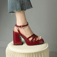 Chic Roman High Heels with Adjustable Buckle and Patent Leather Finish - Trendy Mix