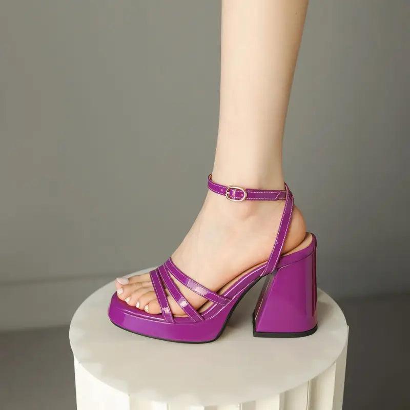 Chic Roman High Heels with Adjustable Buckle and Patent Leather Finish - Trendy Mix