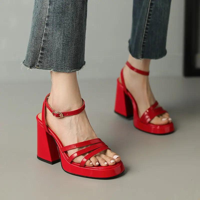 Chic Roman High Heels with Adjustable Buckle and Patent Leather Finish - Trendy Mix