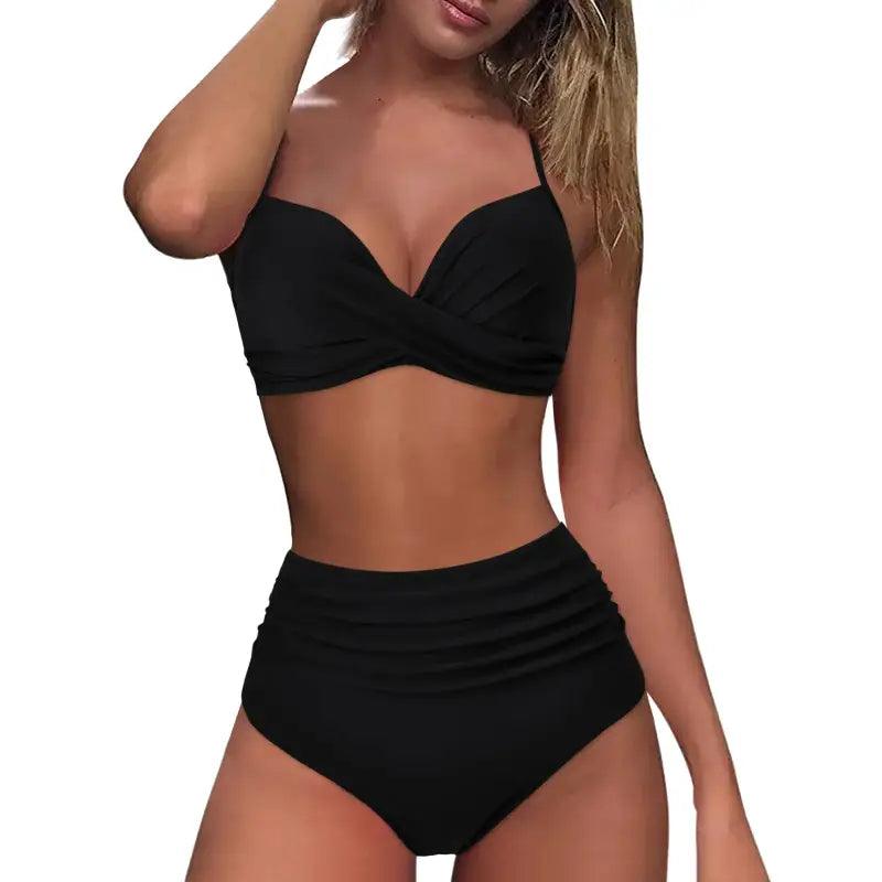 Chic Retro High Waist Two-Piece Swimsuit Set for Stylish Summer Days - Trendy Mix