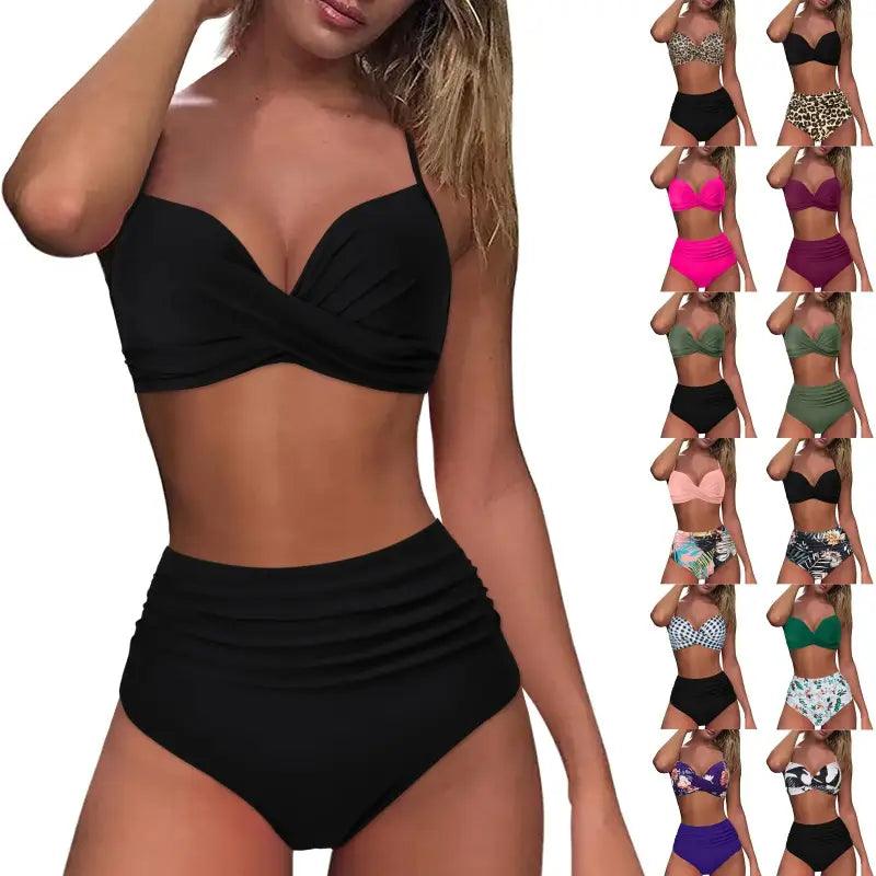 Chic Retro High Waist Two-Piece Swimsuit Set for Stylish Summer Days - Trendy Mix