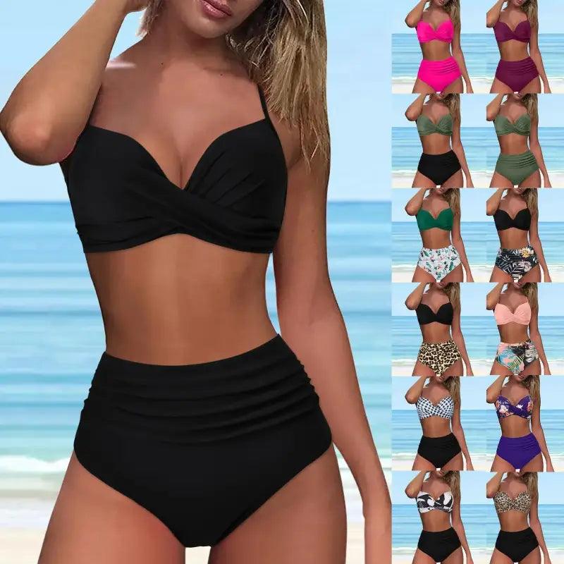 Chic Retro High Waist Two-Piece Swimsuit Set for Stylish Summer Days - Trendy Mix