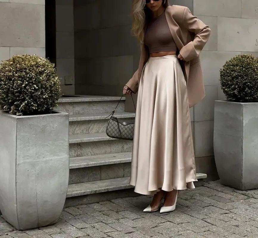 Elegant High Waist Satin Midi Skirt - Trendy Mix