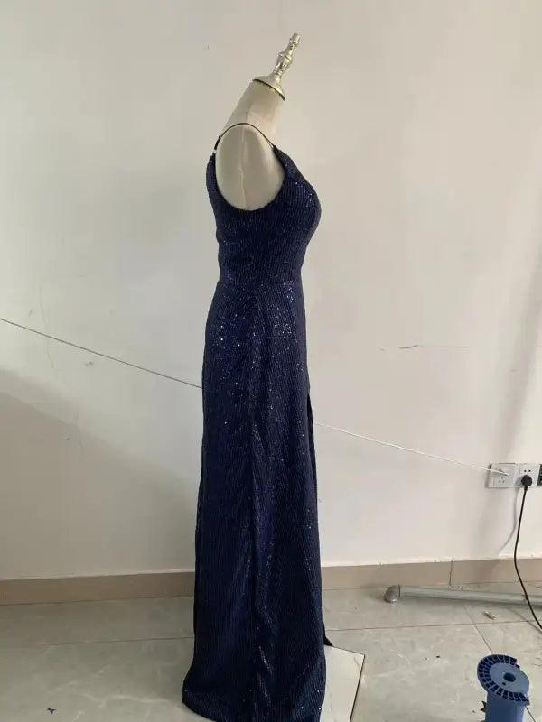 Elegant Navy Blue One-shoulder Sequin Evening Gown - Trendy Mix