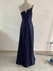 Elegant Navy Blue One-shoulder Sequin Evening Gown - Trendy Mix