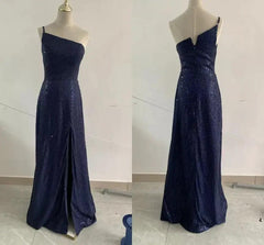 Elegant Navy Blue One-shoulder Sequin Evening Gown - Trendy Mix