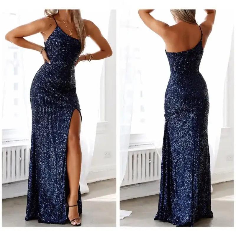 Elegant Navy Blue One-shoulder Sequin Evening Gown - Trendy Mix