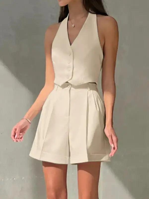 Elegant Open-back Vest & Shorts Set - Trendy Mix