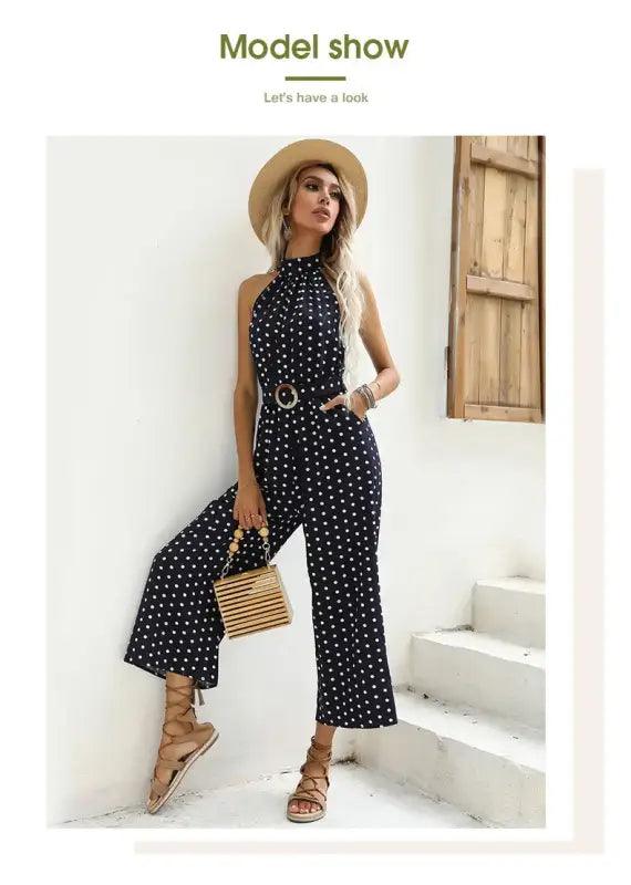 Chic Polka Dot Halter Wide-Leg Romper - Trendy Mix