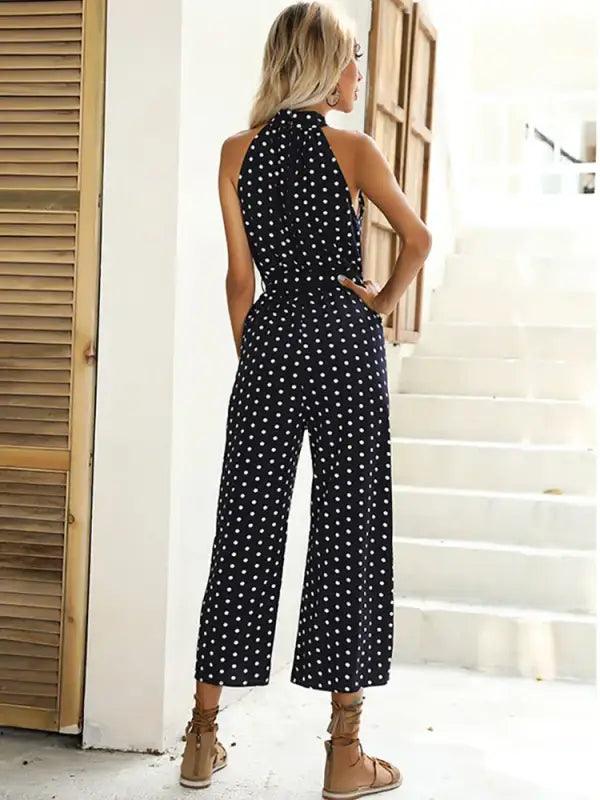 Chic Polka Dot Halter Wide-Leg Romper - Trendy Mix