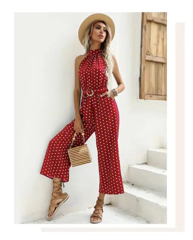 Chic Polka Dot Halter Wide-Leg Romper - Trendy Mix