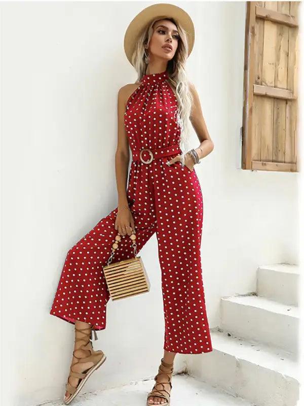 Chic Polka Dot Halter Wide-Leg Romper - Trendy Mix