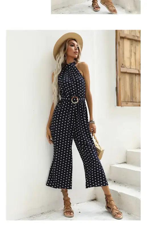 Chic Polka Dot Halter Wide-Leg Romper - Trendy Mix