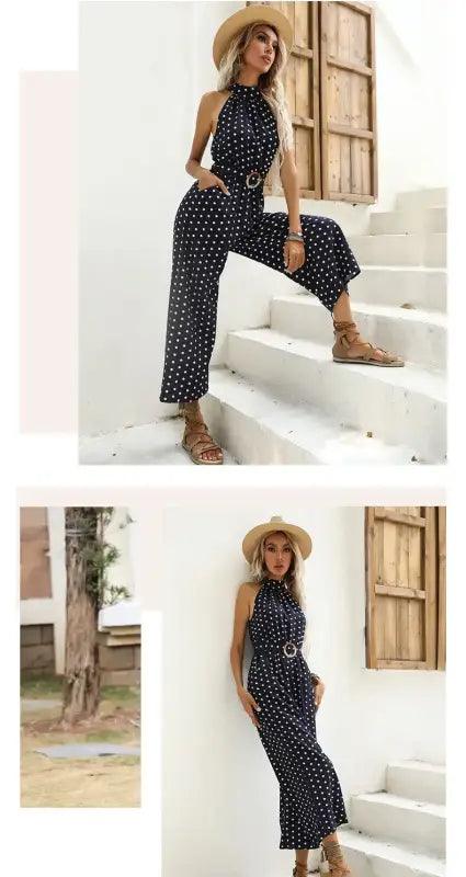 Chic Polka Dot Halter Wide-Leg Romper - Trendy Mix