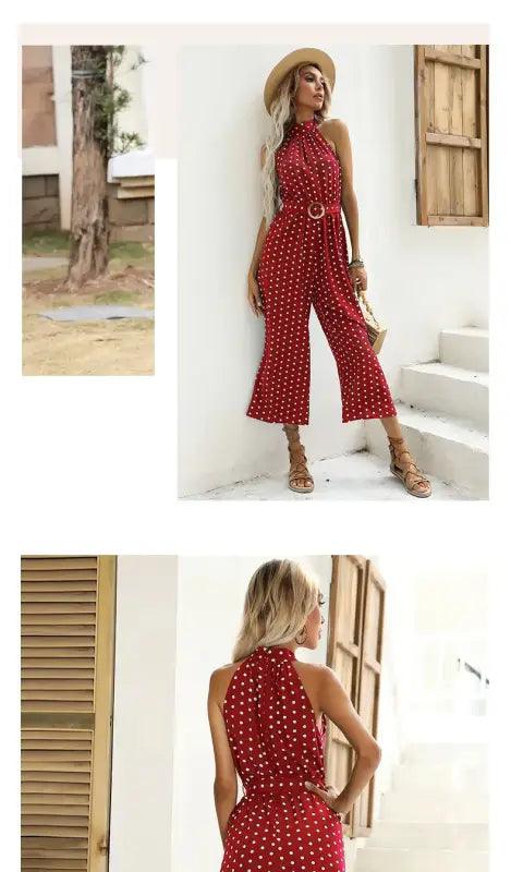 Chic Polka Dot Halter Wide-Leg Romper - Trendy Mix