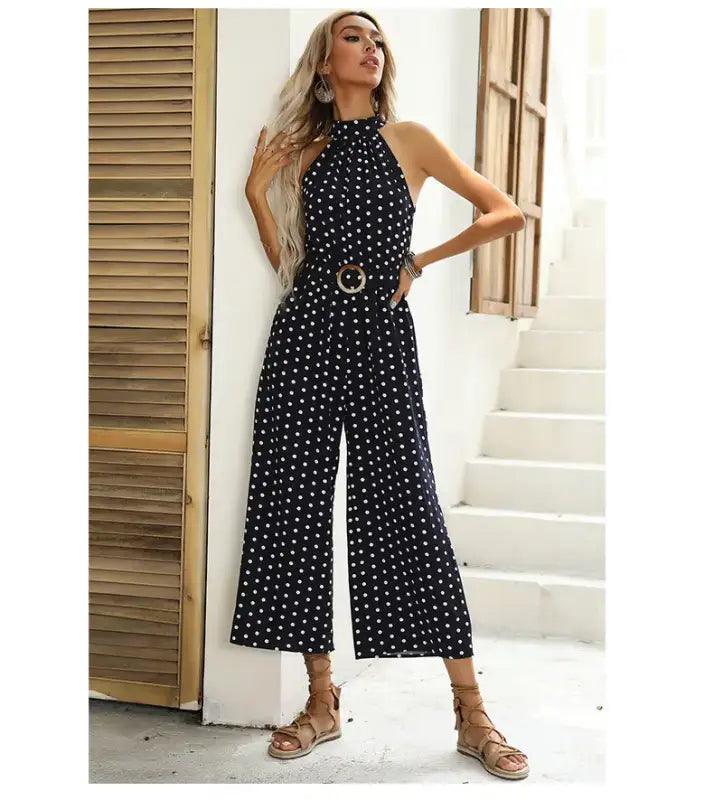 Chic Polka Dot Halter Wide-Leg Romper - Trendy Mix